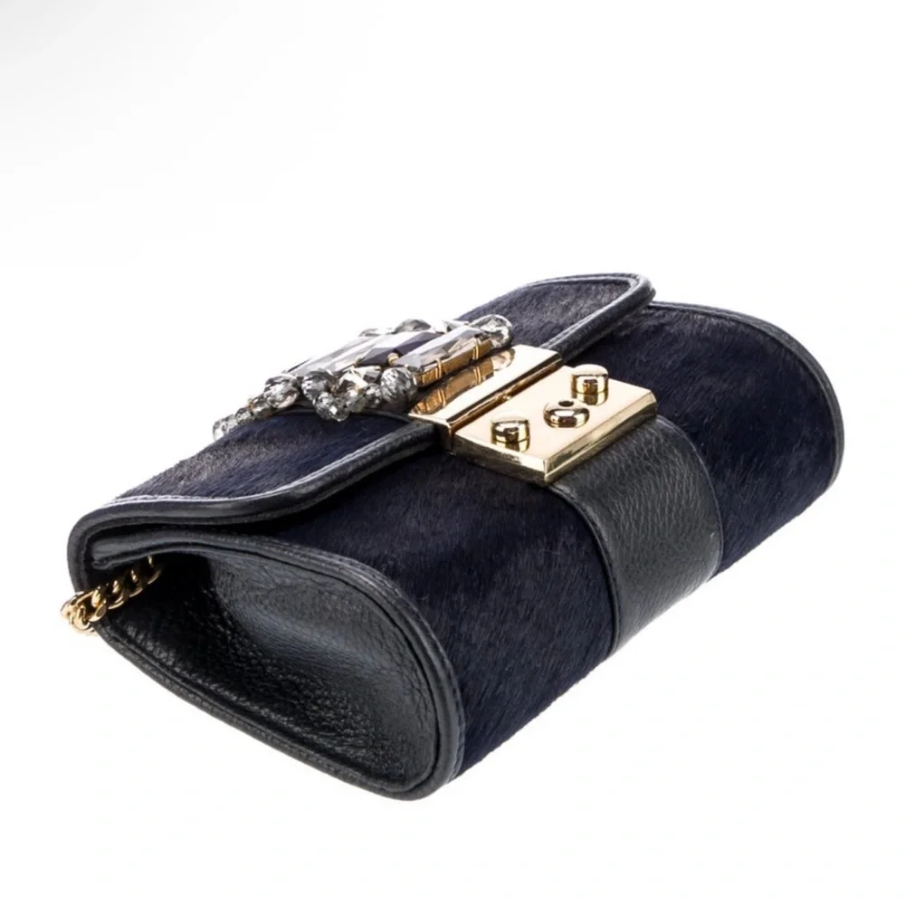 Gedebe Navy Pony Hair and Leather Embellished Handbag